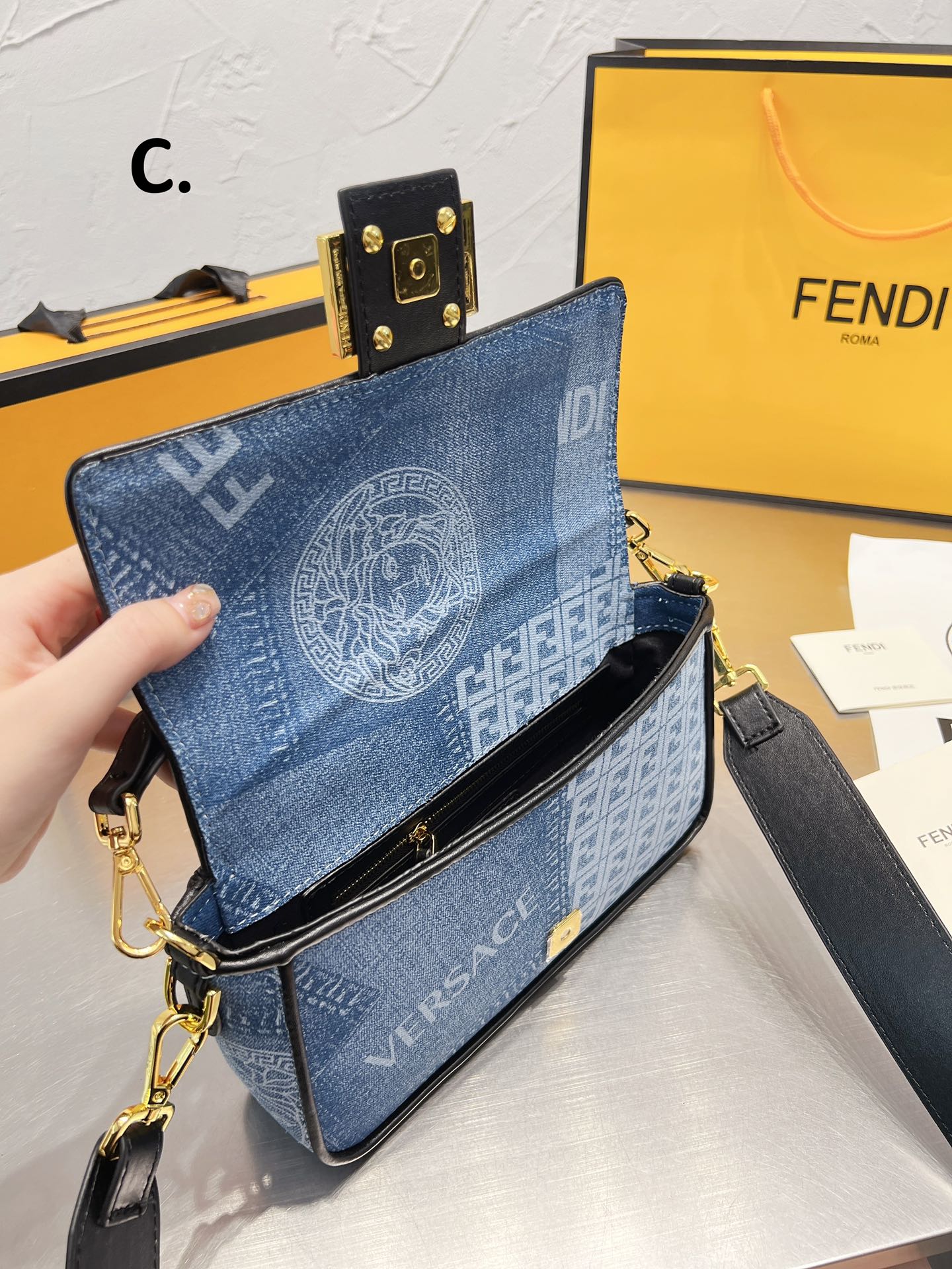 Fendace Baguette Denim Shoulder Bag with Medusa Clasp and FF Logo