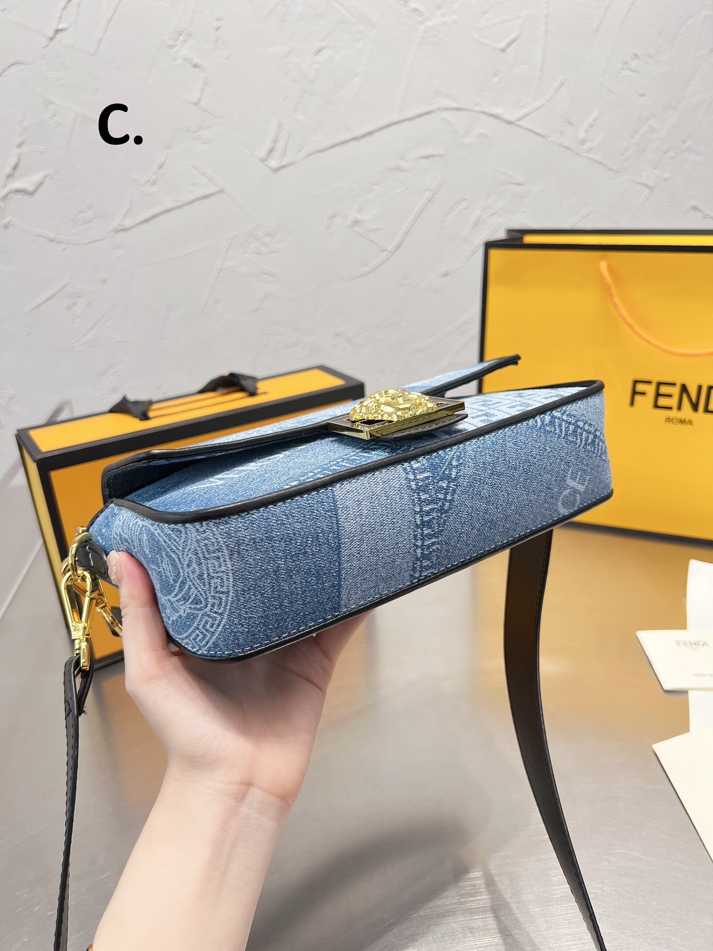 Fendace Baguette Denim Shoulder Bag with Medusa Clasp and FF Logo