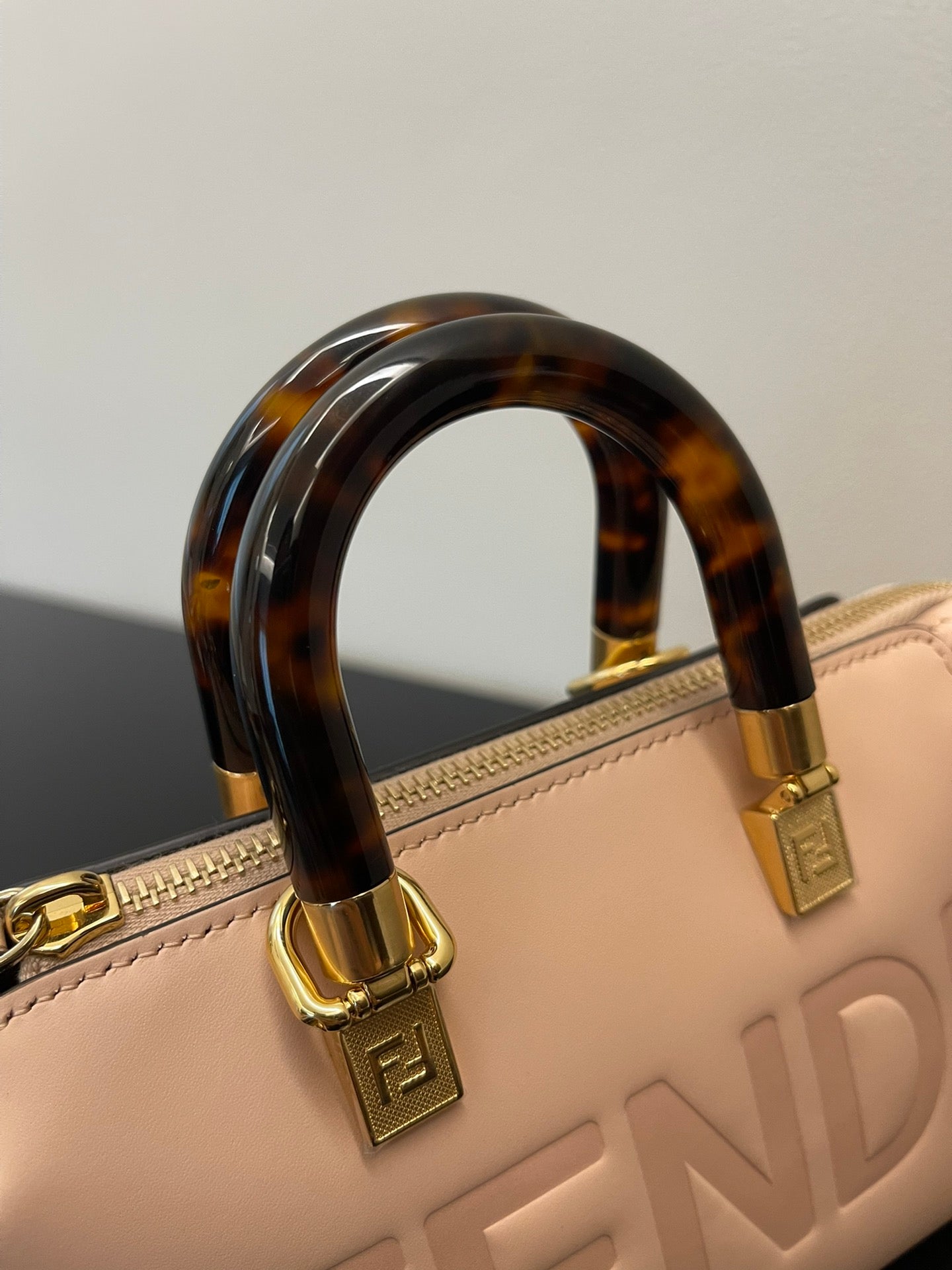 Fendi By The Way Mini Boston Bag - Beige Leather with Tortoiseshell Handles