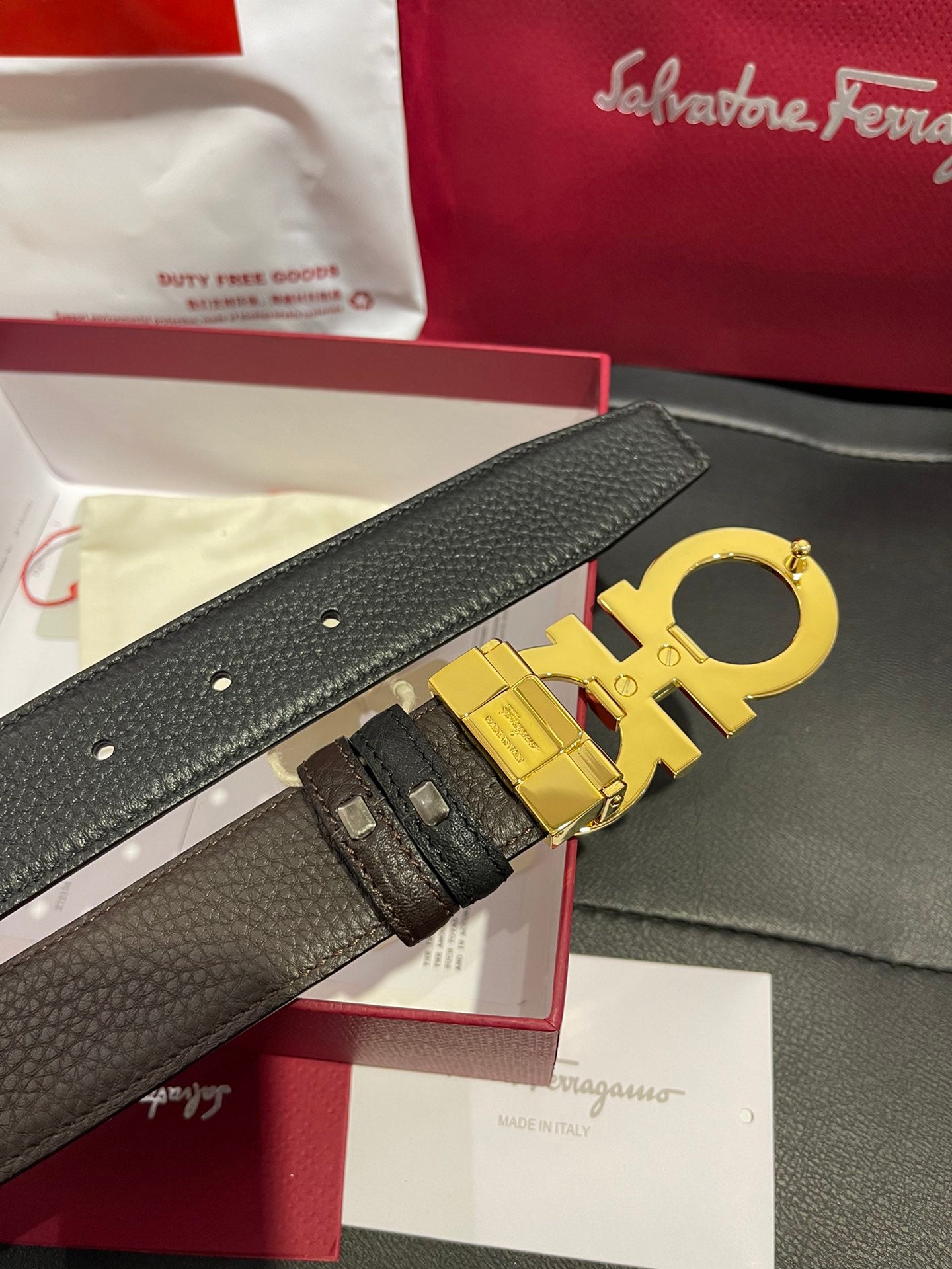 Salvatore Ferragamo Men's Gancini Reversible Leather Belt, Black with Gold-Tone Buckle