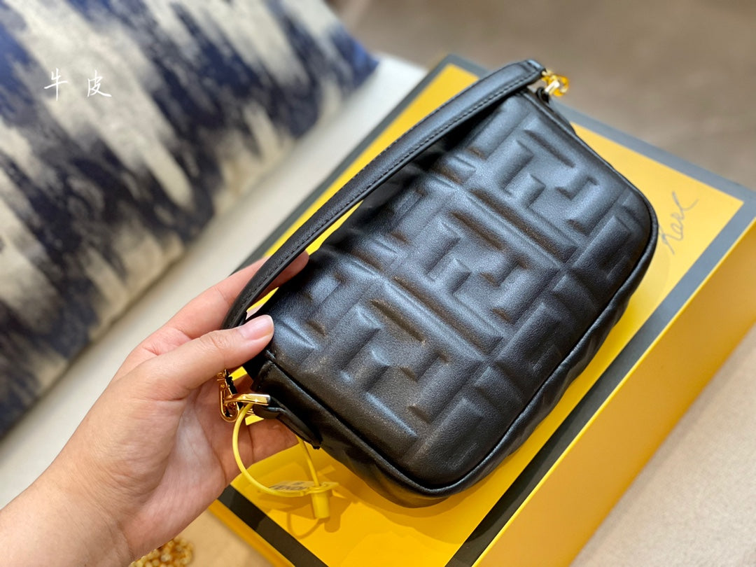 Fendi Baguette Bag - Black Nappa Leather with Embossed FF Motif and Gold Hardware