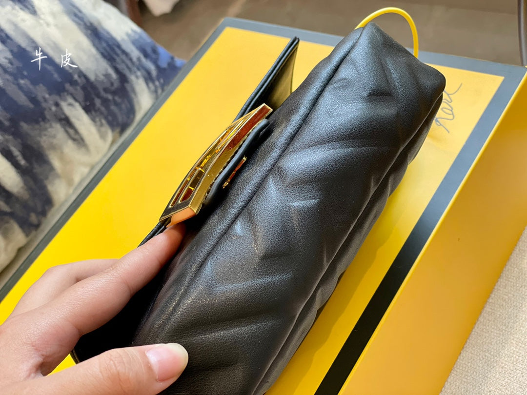 Fendi Baguette Bag - Black Nappa Leather with Embossed FF Motif and Gold Hardware