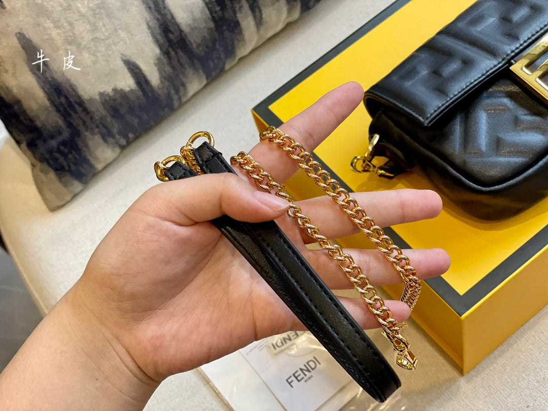 Fendi Baguette Black Embossed Leather Shoulder Bag with Gold Hardware
