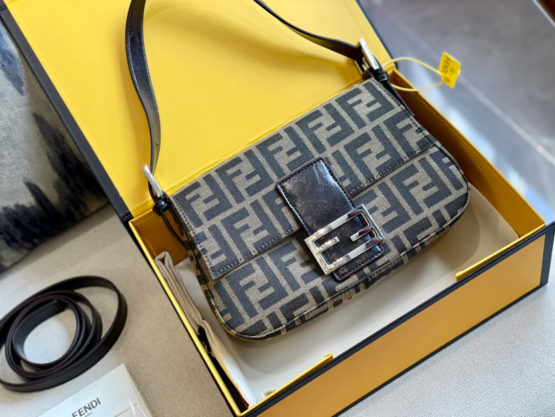 Fendi Baguette Zucca Canvas Shoulder Bag with Leather Trim