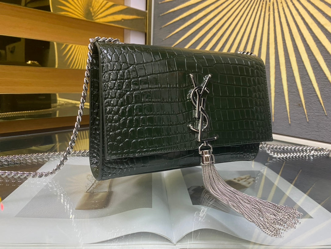Saint Laurent Kate Small Monogram Crocodile-Embossed Shoulder Bag with Tassel - Black