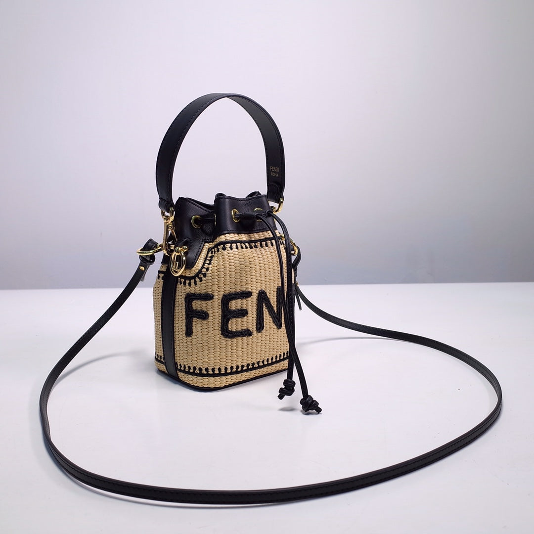Fendi Mon Tresor Small Straw-Effect Bucket Bag with Logo
