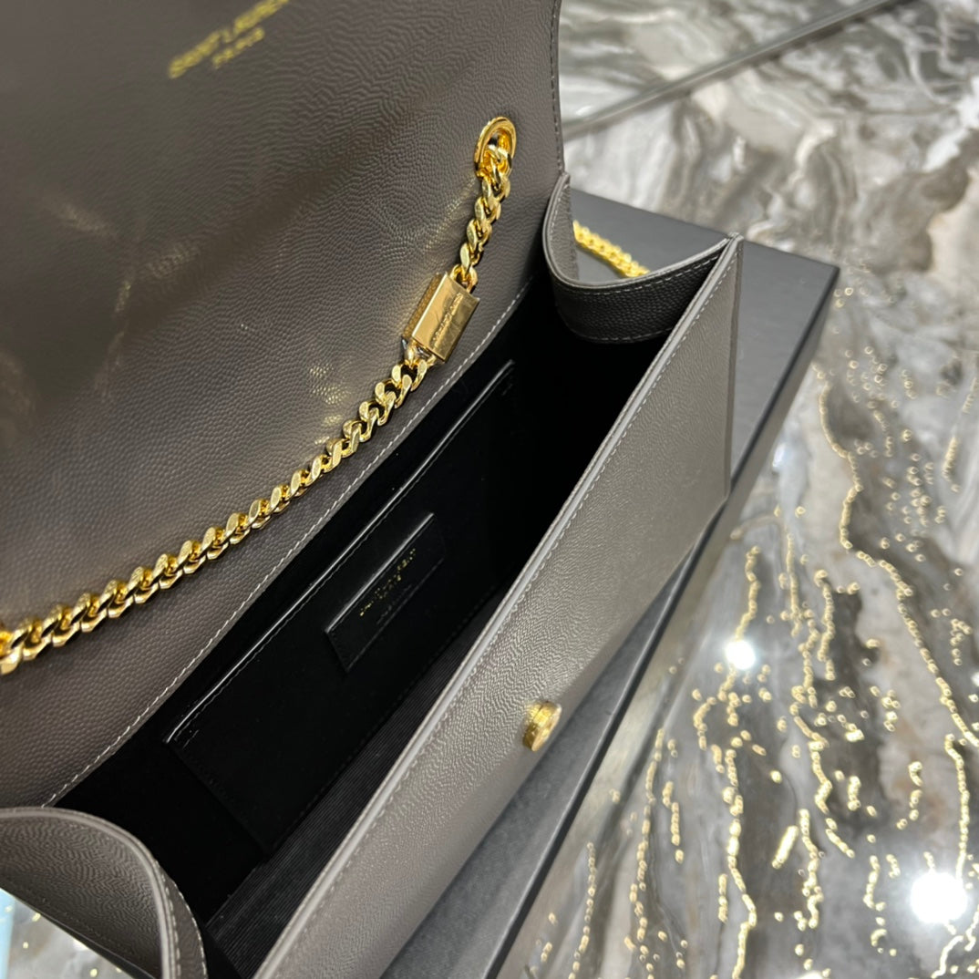 Saint Laurent Kate Small Chain Wallet in Grey Leather with Gold Hardware