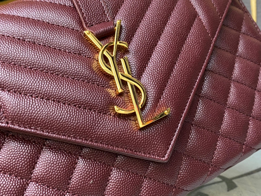 Saint Laurent Envelope Medium Bag in Quilted Grain de Poudre Leather - Burgundy
