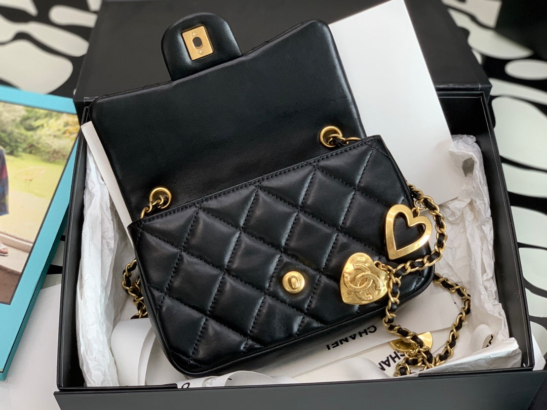 Chanel Mini Flap Bag with Heart Charms - Black Quilted Lambskin &amp; Gold-Tone Hardware