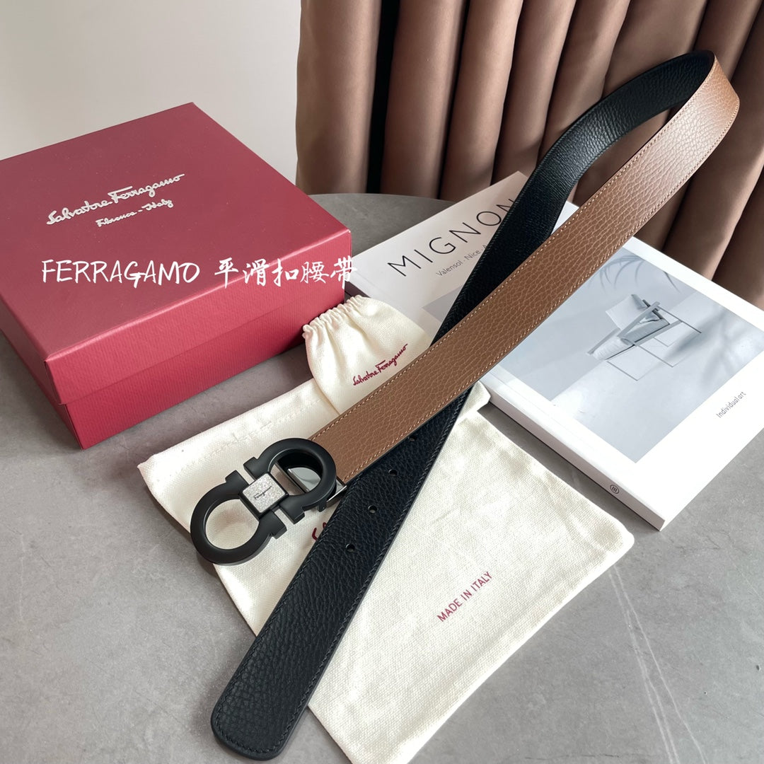 Salvatore Ferragamo Men's Black Pebbled Leather Belt with Matte Black Gancini Buckle, 35mm