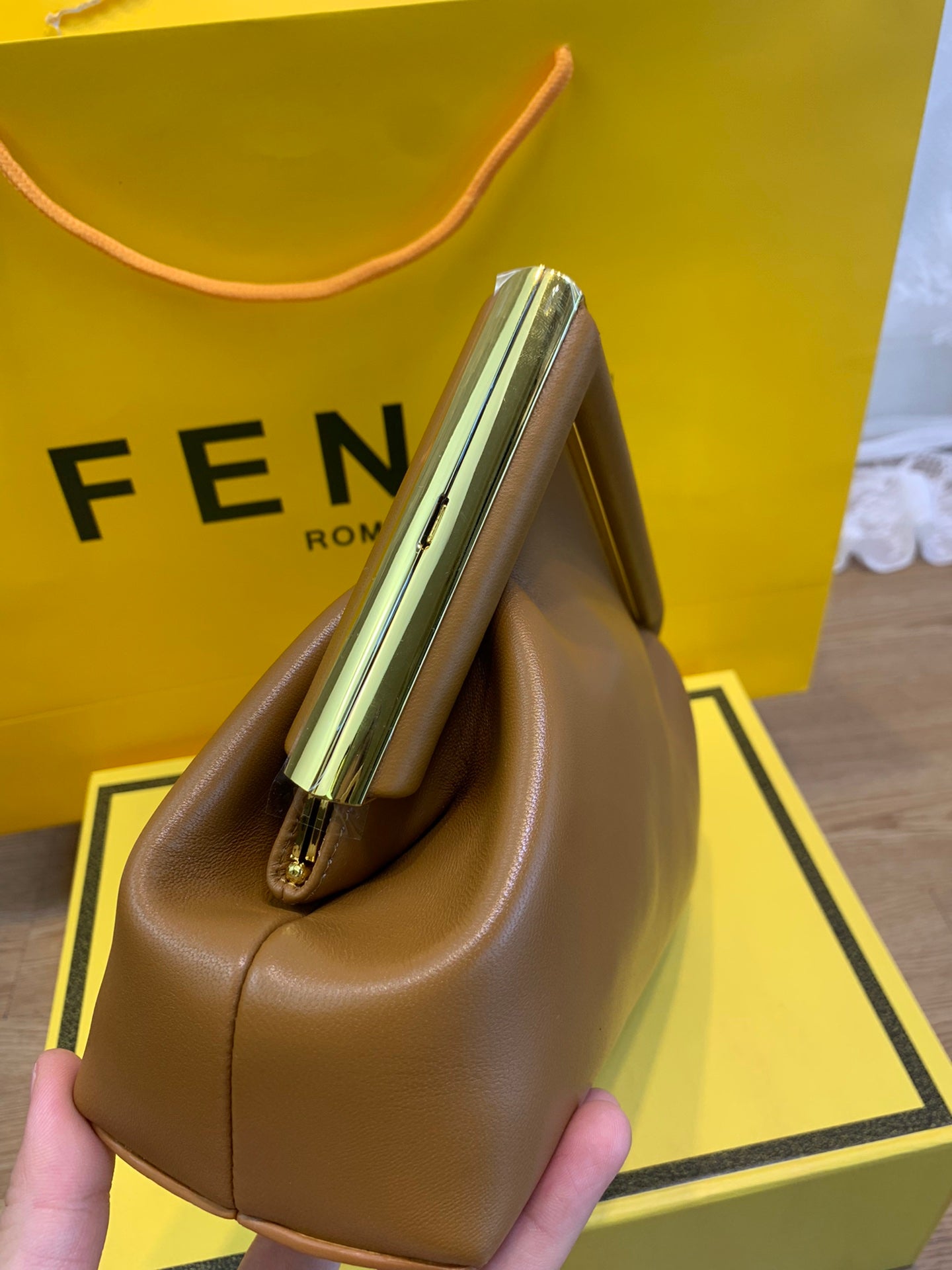 Fendi First Small Caramel Leather Clutch with Shoulder Strap