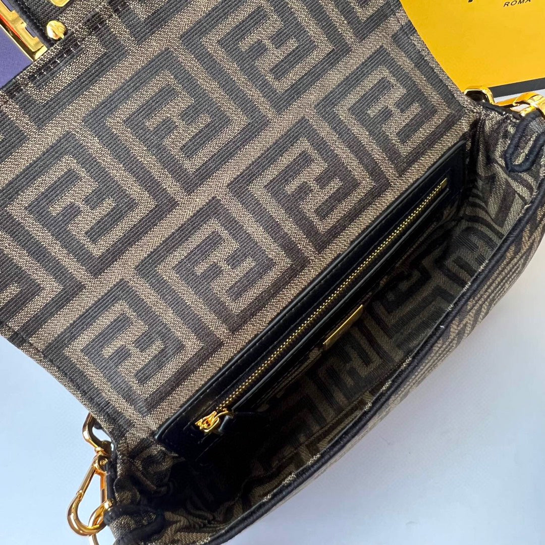 Fendi FF Monogram Canvas Baguette Bag with Logo Canvas Strap - Brown/Tobacco
