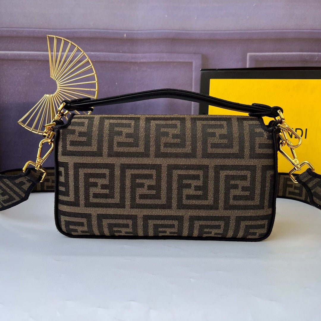 Fendi FF Monogram Canvas Baguette Bag with Logo Canvas Strap - Brown/Tobacco