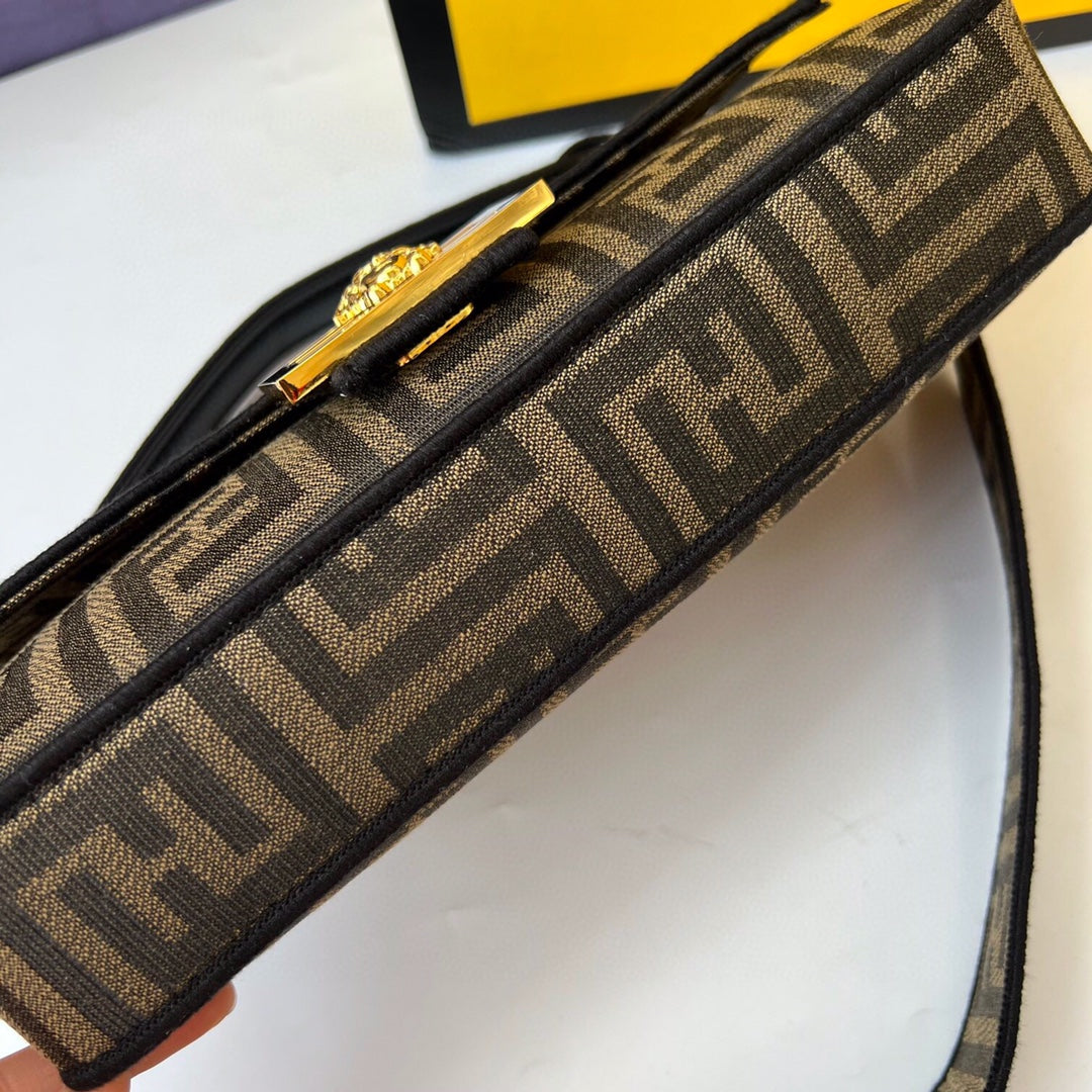 Fendi FF Monogram Canvas Baguette Bag with Logo Canvas Strap - Brown/Tobacco