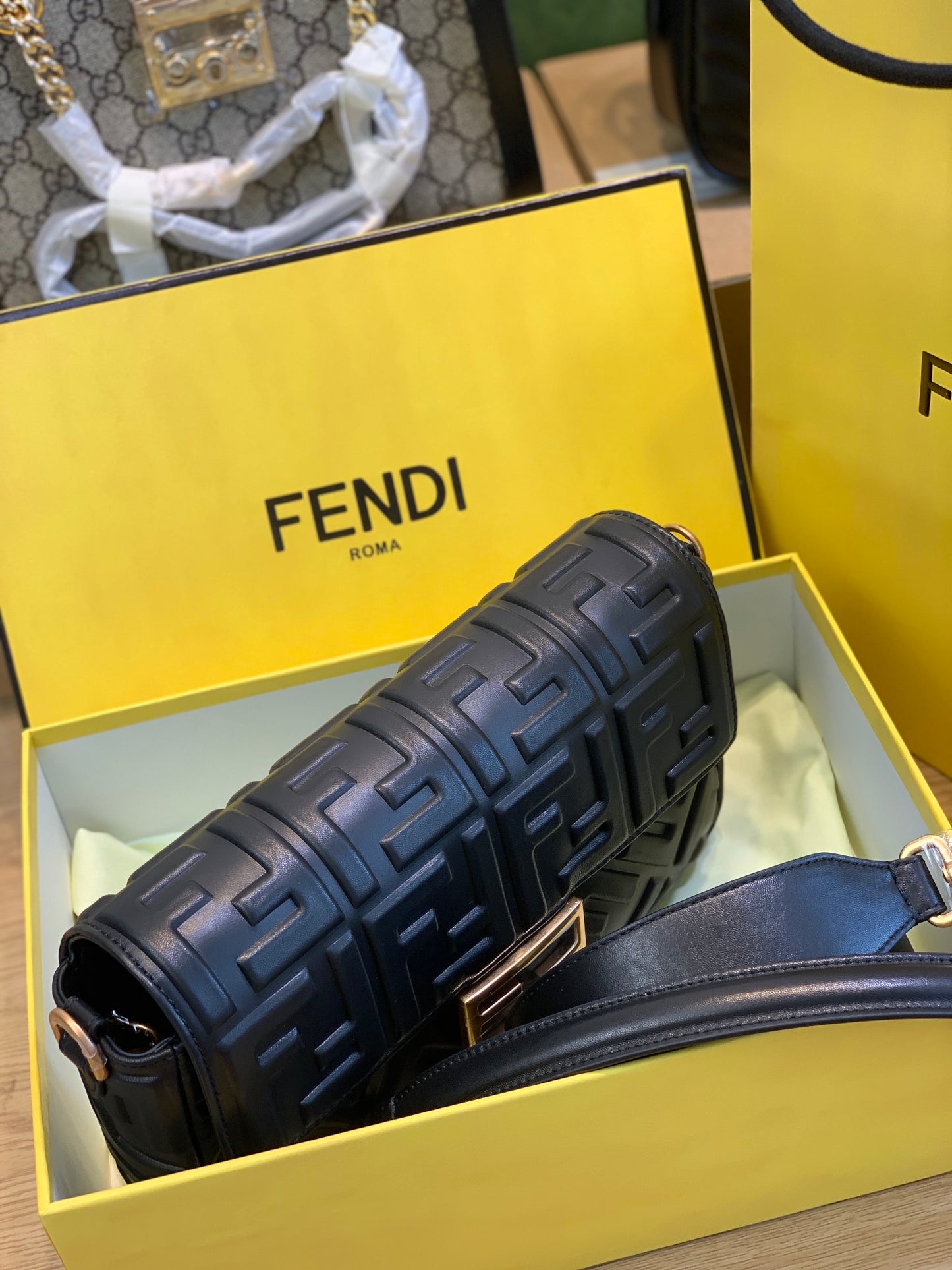 Fendi Baguette FF Embossed Black Leather Shoulder Bag with Gold Hardware