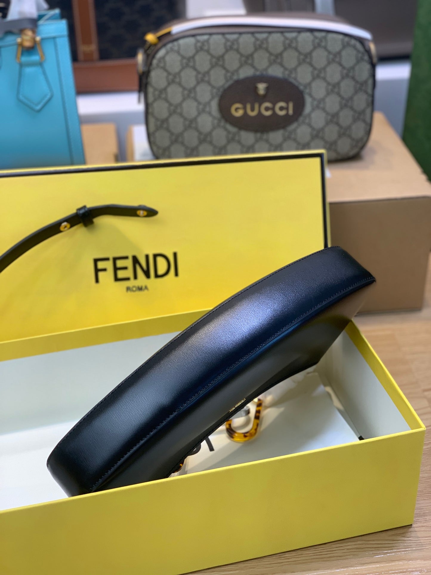 Fendi Roma Small Black Leather Crescent Shoulder Bag with Signature Box
