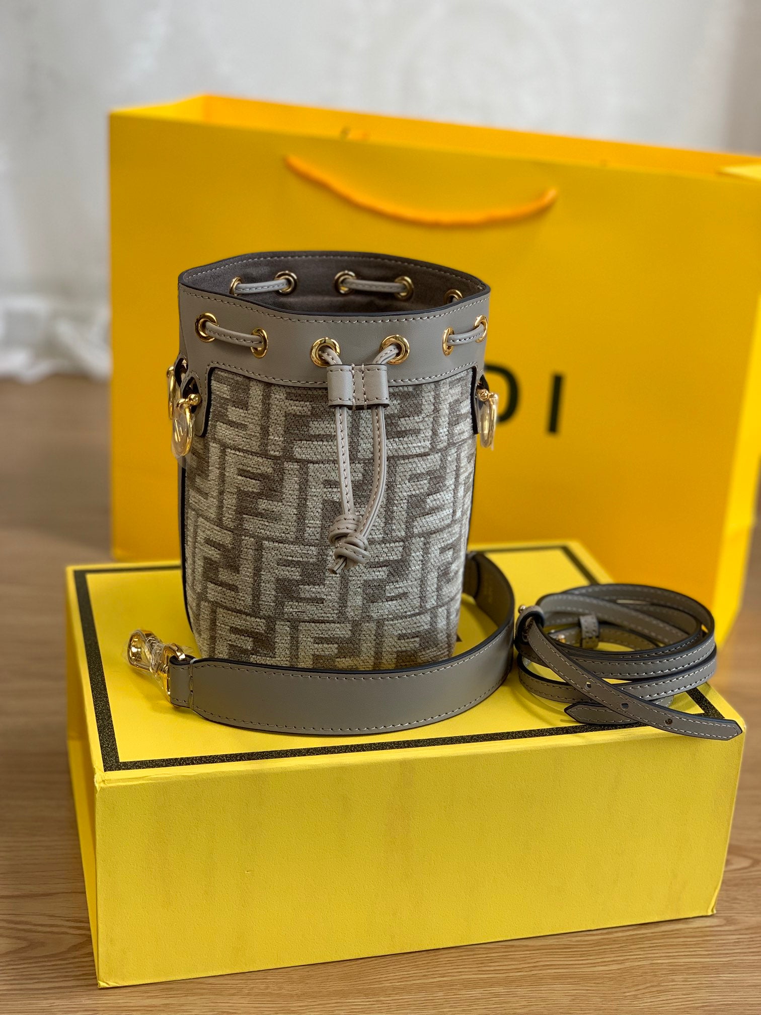 Fendi Mon Tresor Mini FF Monogram Bucket Bag in Grey Fabric