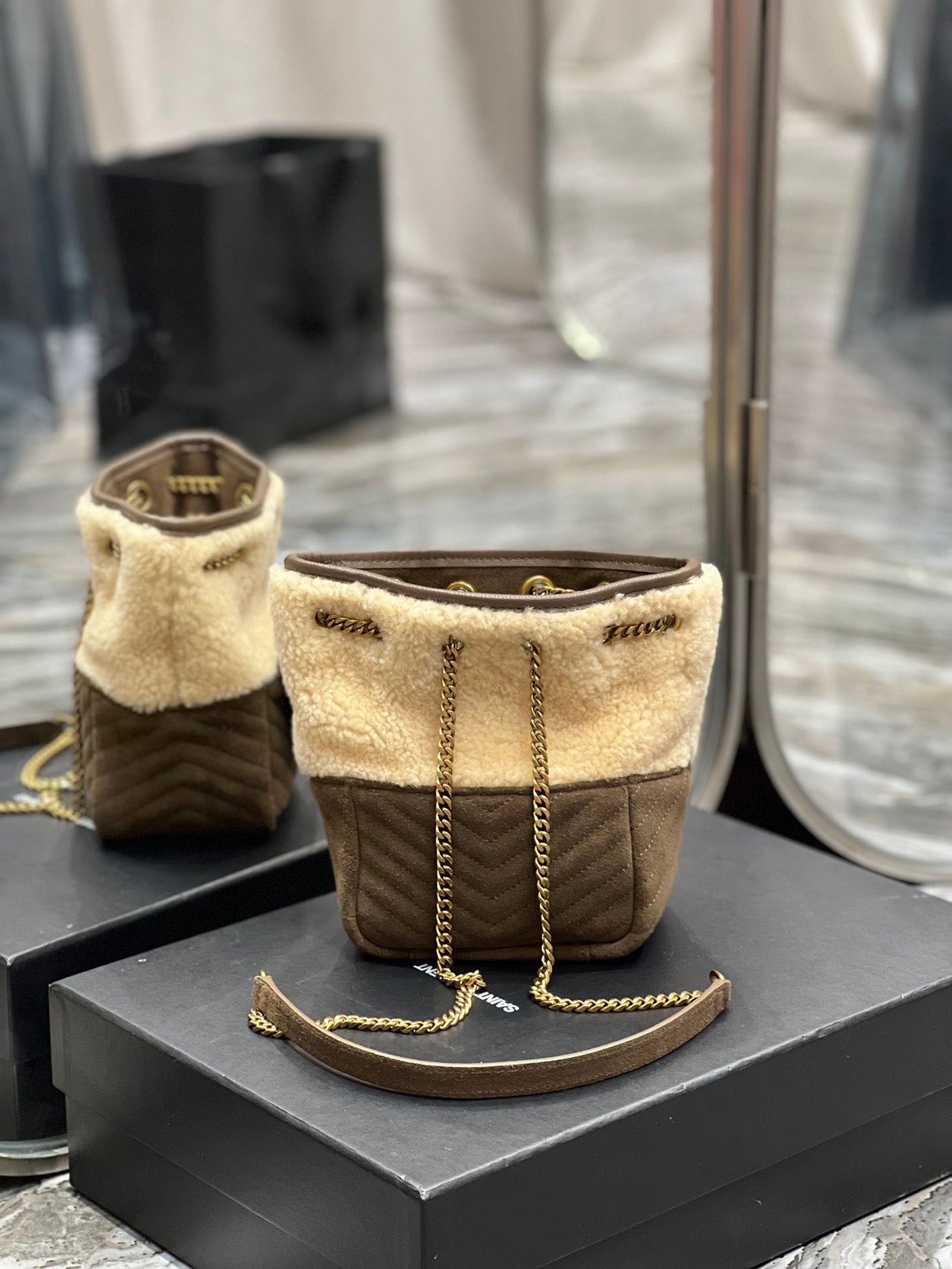 Saint Laurent Joe Mini Bucket Bag in Shearling and Suede