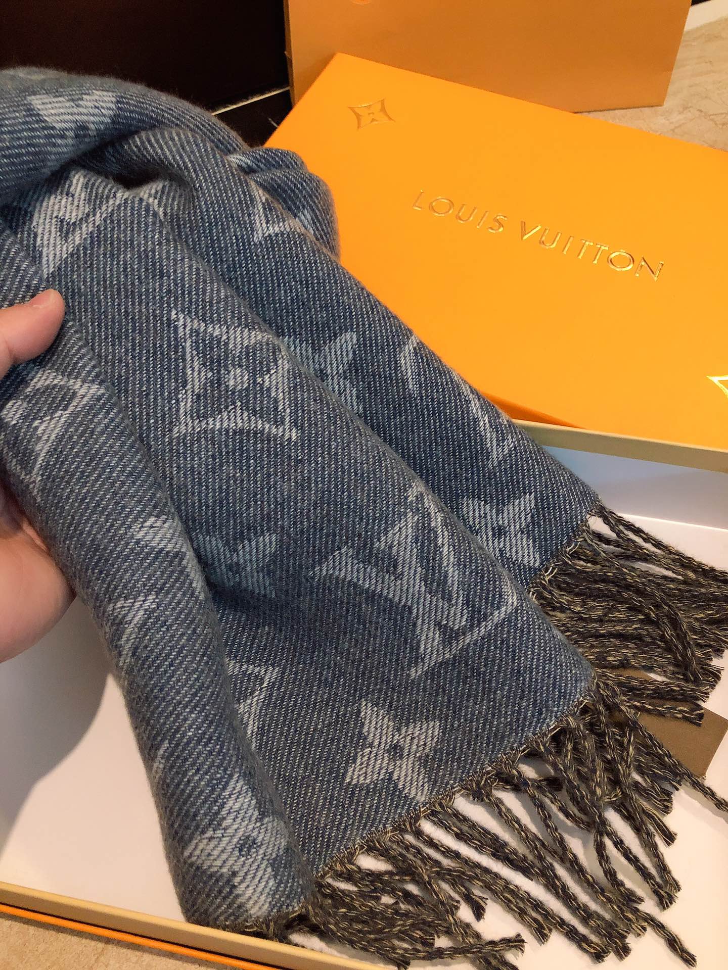 Louis Vuitton Monogram and Houndstooth Reversible Scarf - Blue Denim Grey Wool Blend Shawl with Fringe