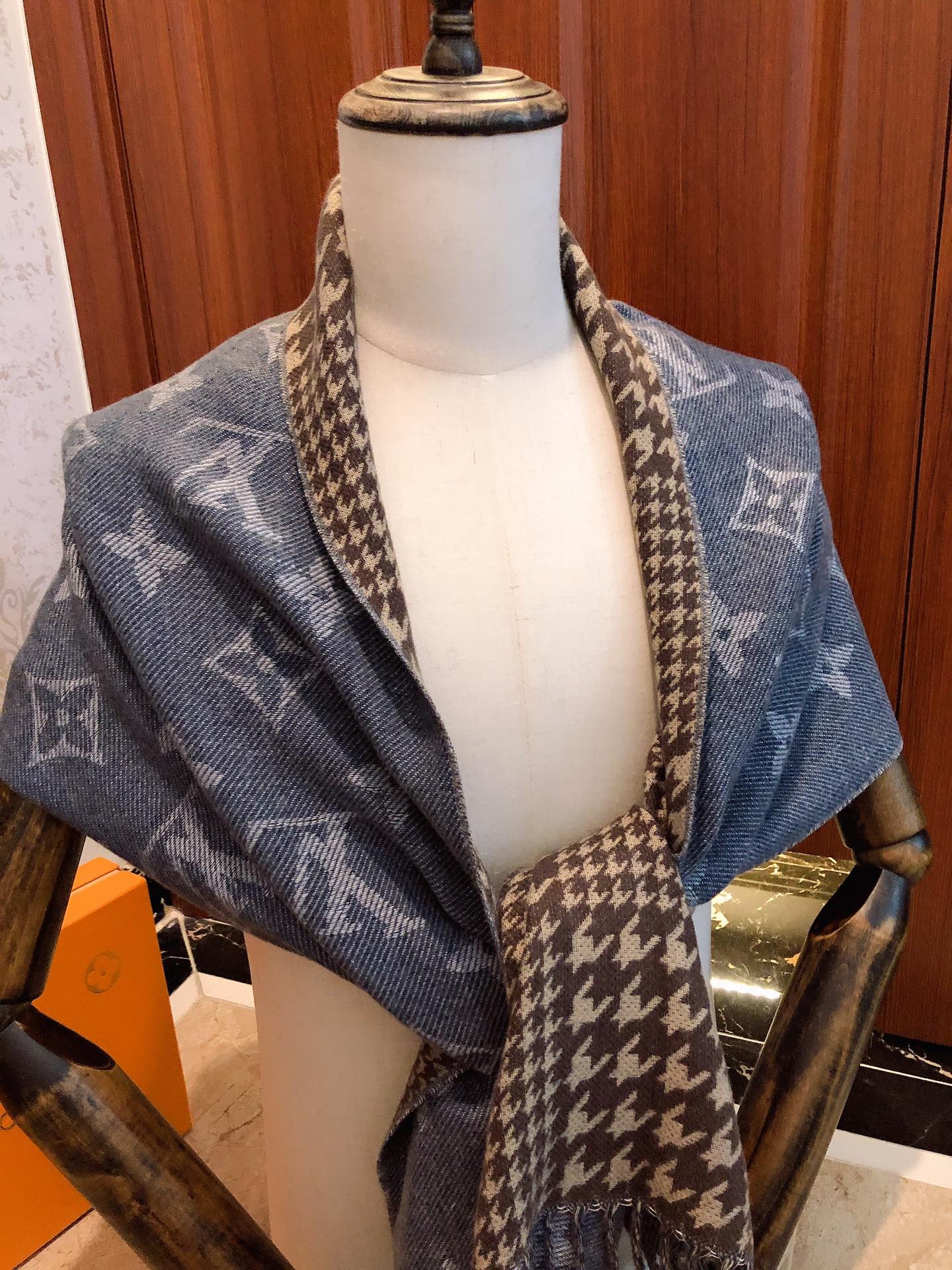 Louis Vuitton Monogram Denim Blue Reversible Wool Silk Scarf Shawl with Fringe