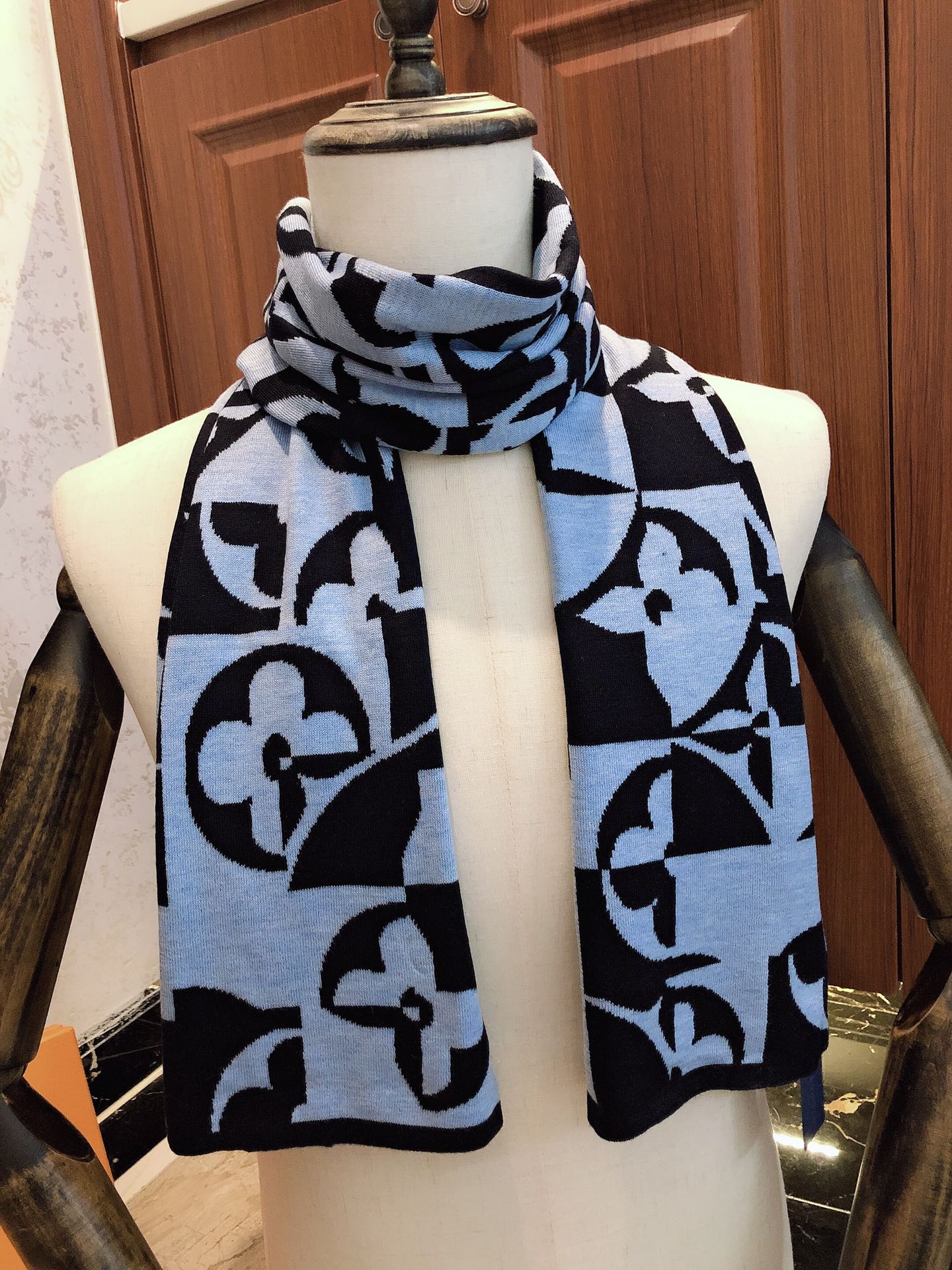 Luxury Light Blue and Black Monogram Graphic Patterned Knit Winter Scarf for Men and Women