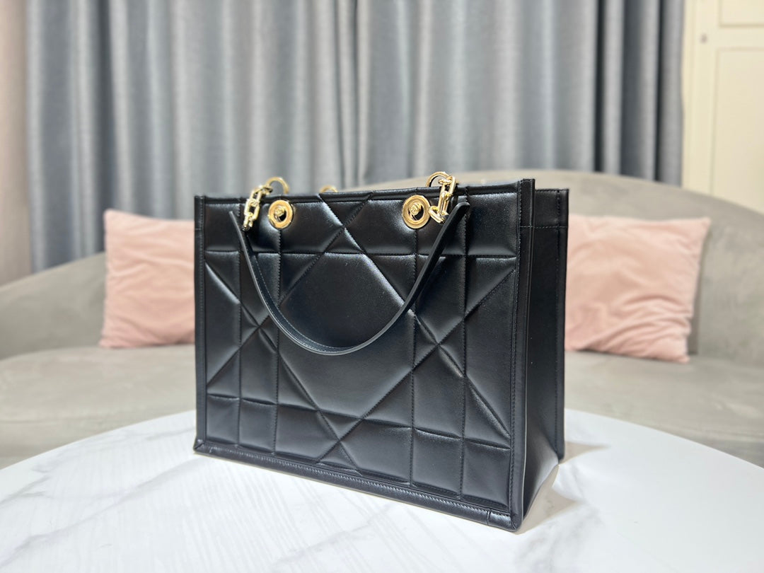 Dior Elegant Black Quilted Leather Tote Handbag with Top Handles