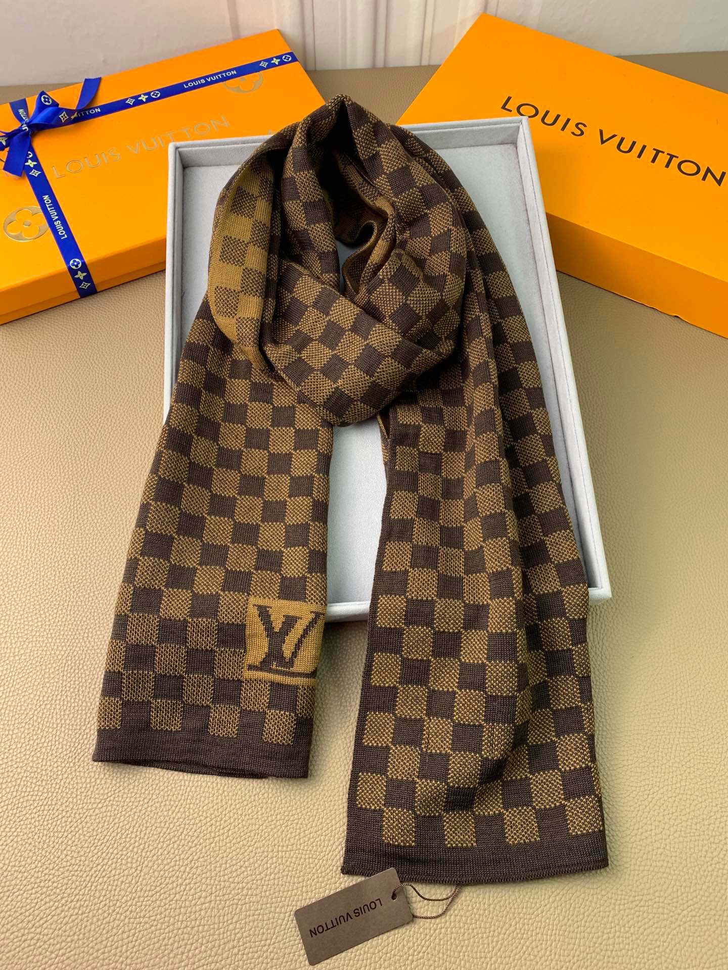 Louis Vuitton Damier Ebene Brown Checkered Scarf with LV Logo and Presentation Box