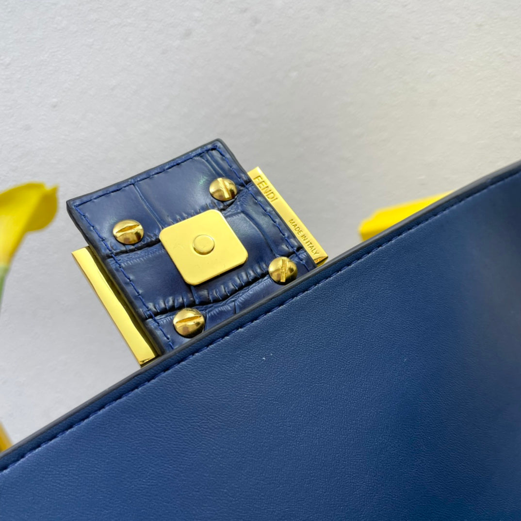 Fendi Blue Croc-Embossed Baguette Shoulder Bag with Gold Hardware