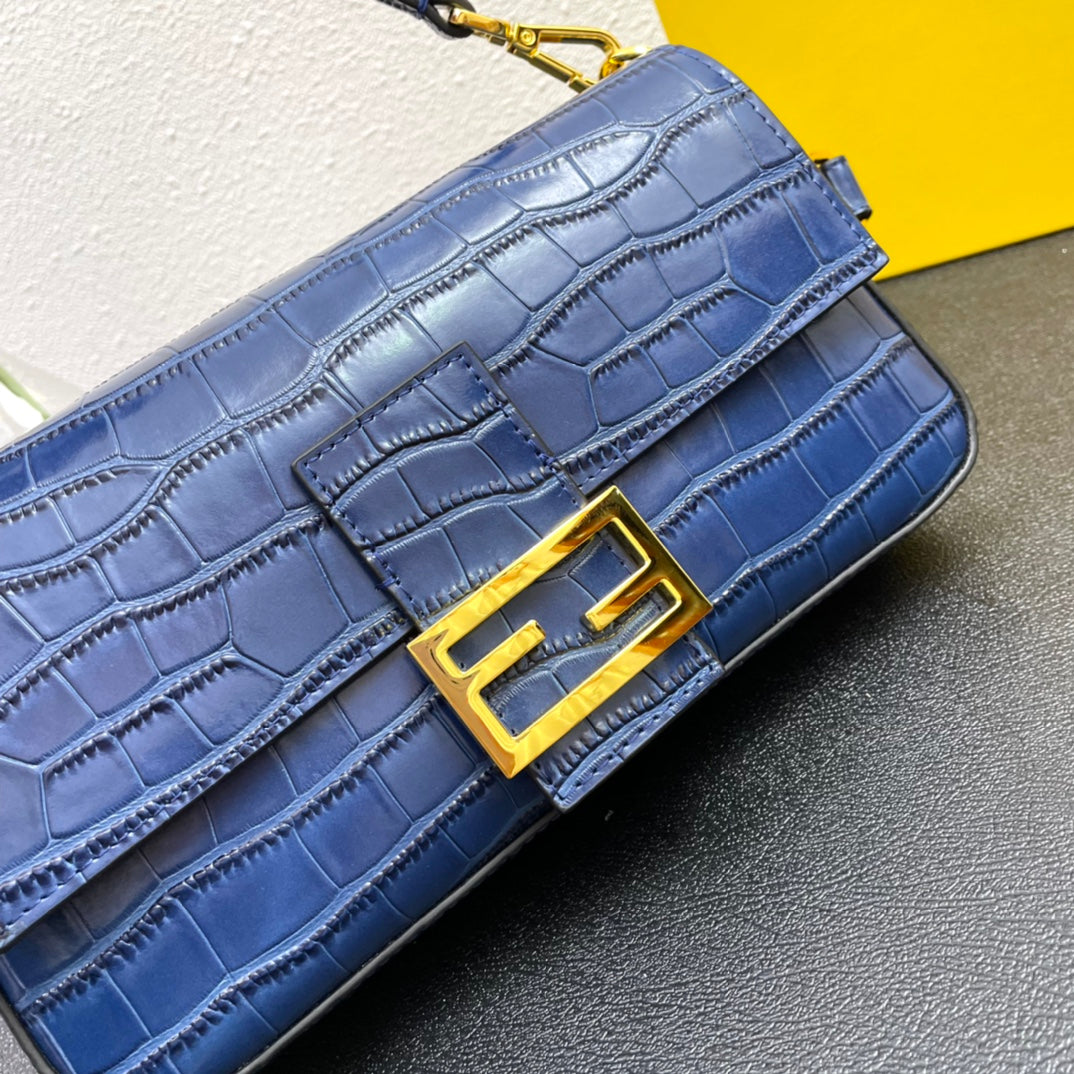 Fendi Blue Croc-Embossed Baguette Shoulder Bag with Gold Hardware