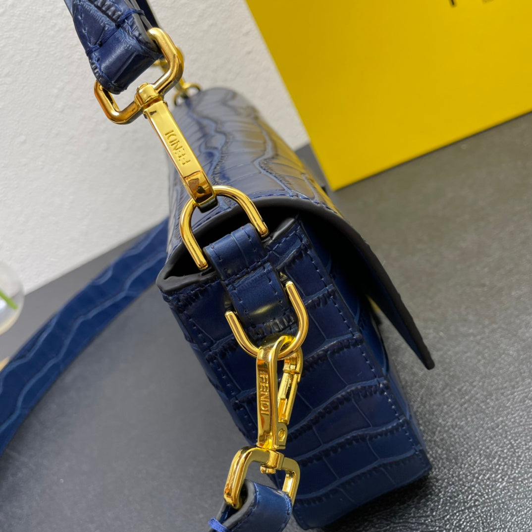 Fendi Blue Croc-Embossed Baguette Shoulder Bag with Gold Hardware