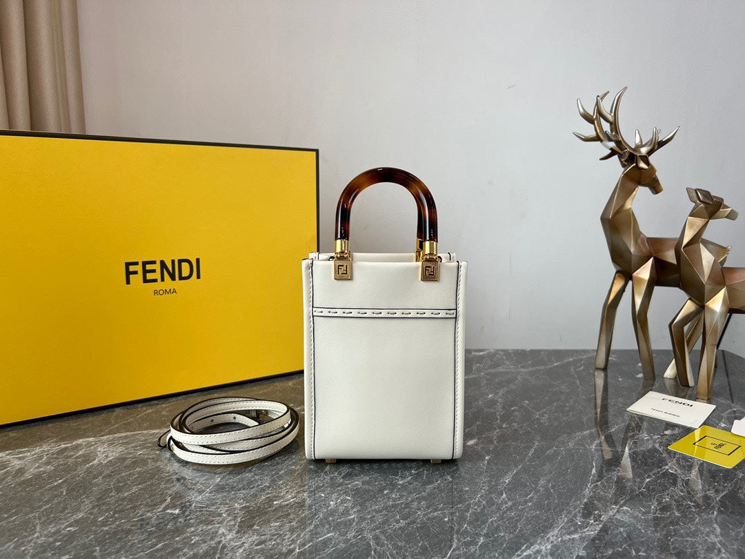Fendi Sunshine Shopper Mini White Leather Handbag with Logo