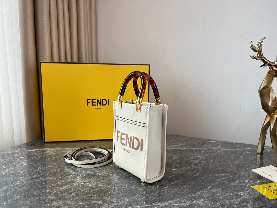Fendi Sunshine Shopper Mini White Leather Tote Bag with Tortoiseshell Handles