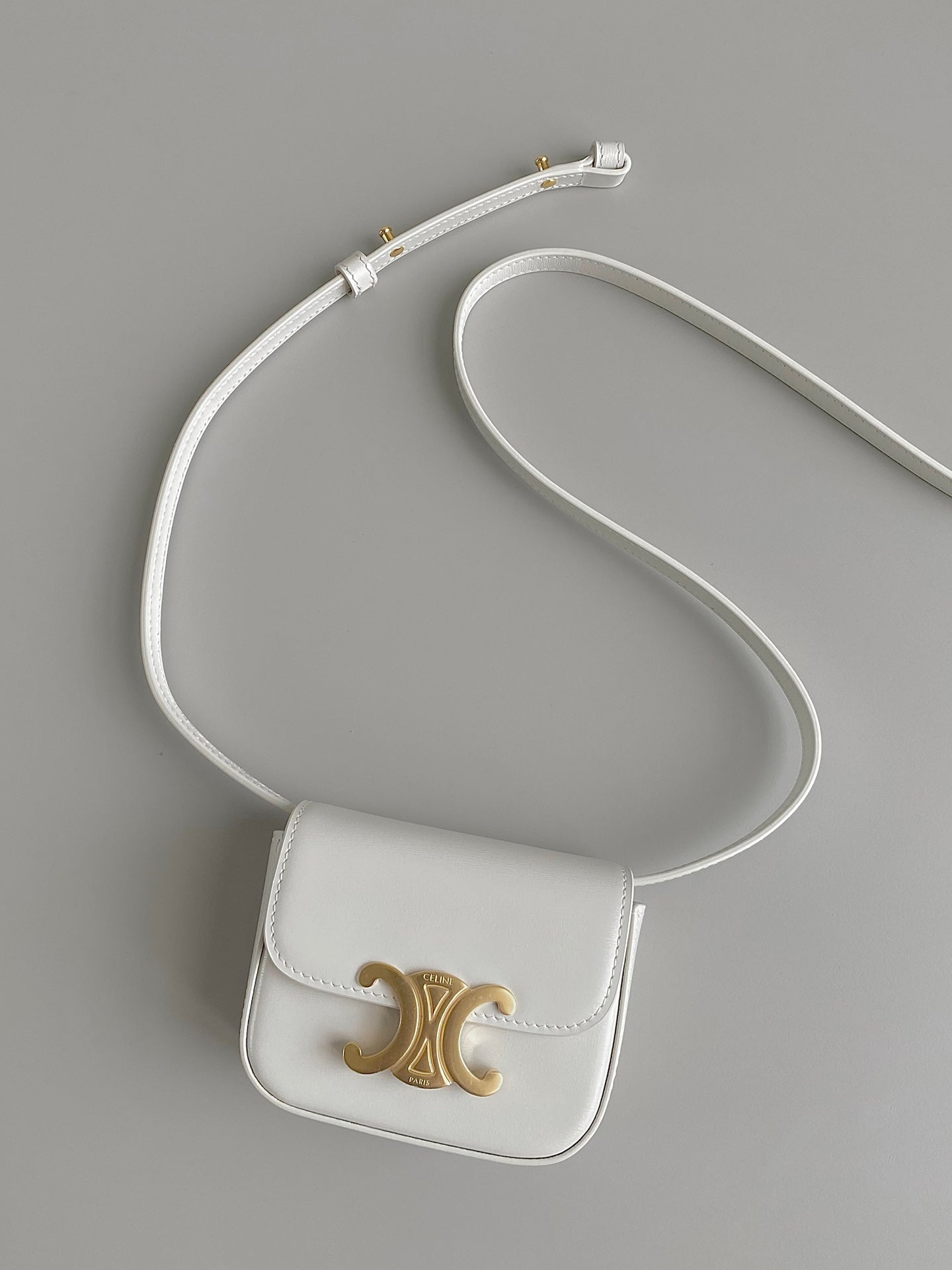 Mini White Triomphe-Style Crossbody Bag with Gold Clasp
