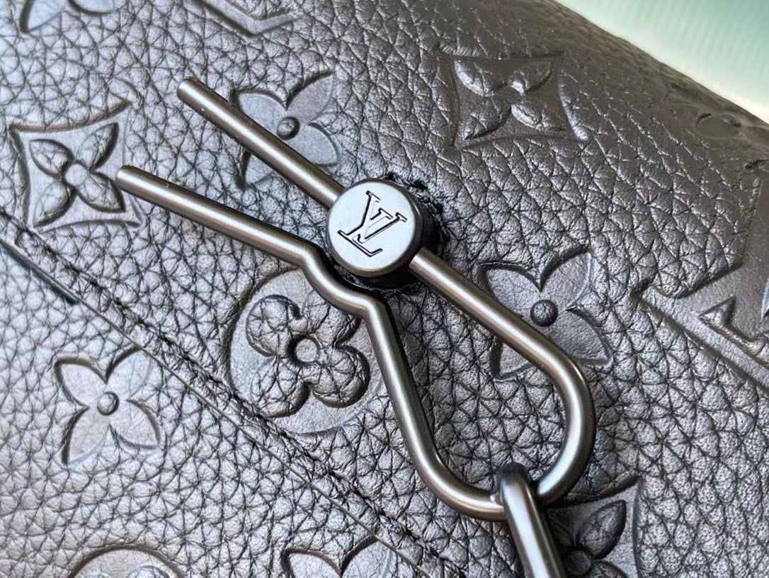 Louis Vuitton Matte Black Embossed Leather Crossbody Bag with Chain Detail