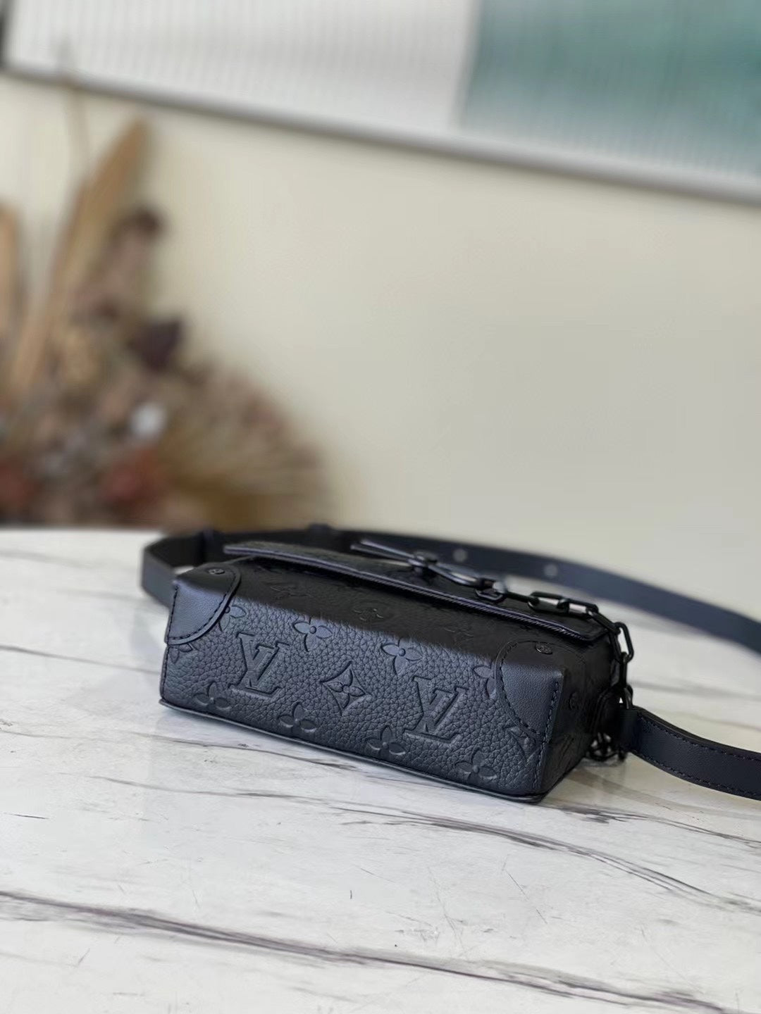 Louis Vuitton Matte Black Embossed Leather Crossbody Bag with Chain Detail