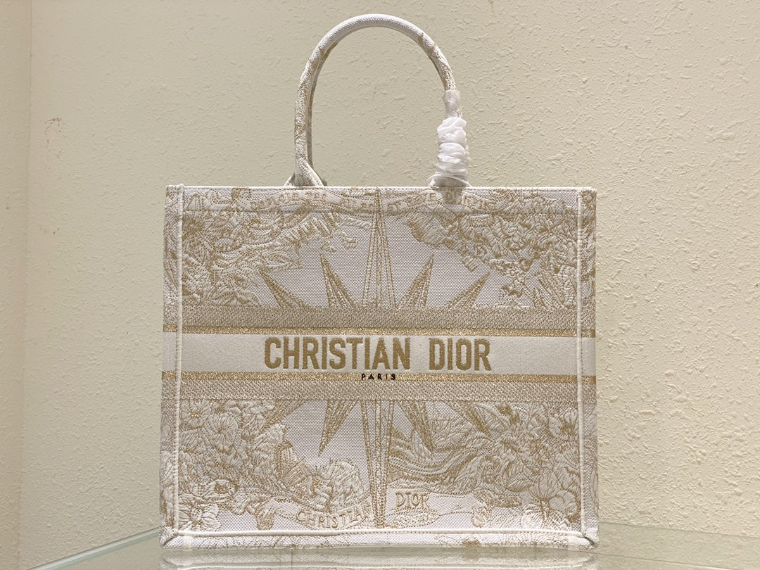 Christian Dior Medium Book Tote - Gold & White Rêve d'Infini Embroidered Canvas