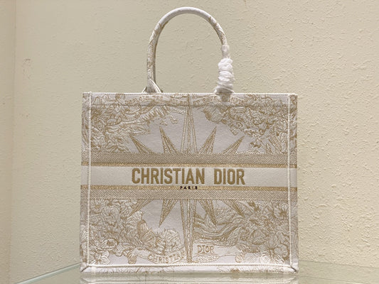Dior Beige and Gold Embroidered Celestial Star Canvas Tote Bag