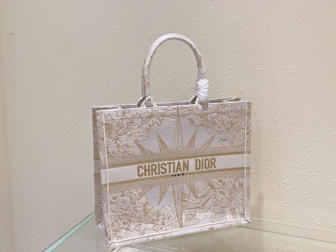 Dior Elegant Gold Star and Floral Embroidered Canvas Tote Bag