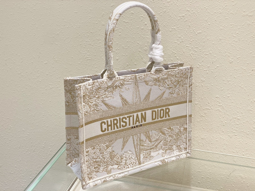 Dior Elegant Gold and White Embroidered Star Canvas Tote Bag