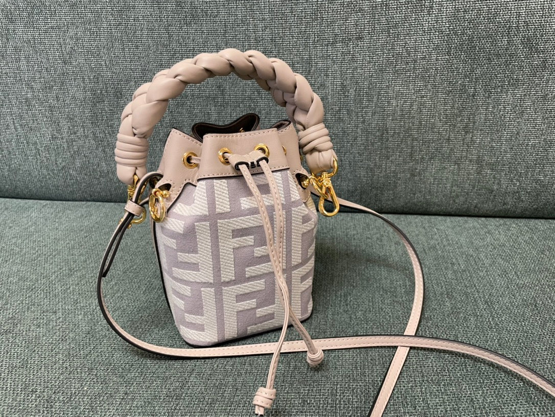 Fendi Mon Tresor Mini Bucket Bag in White and Grey FF Canvas with Braided Handle