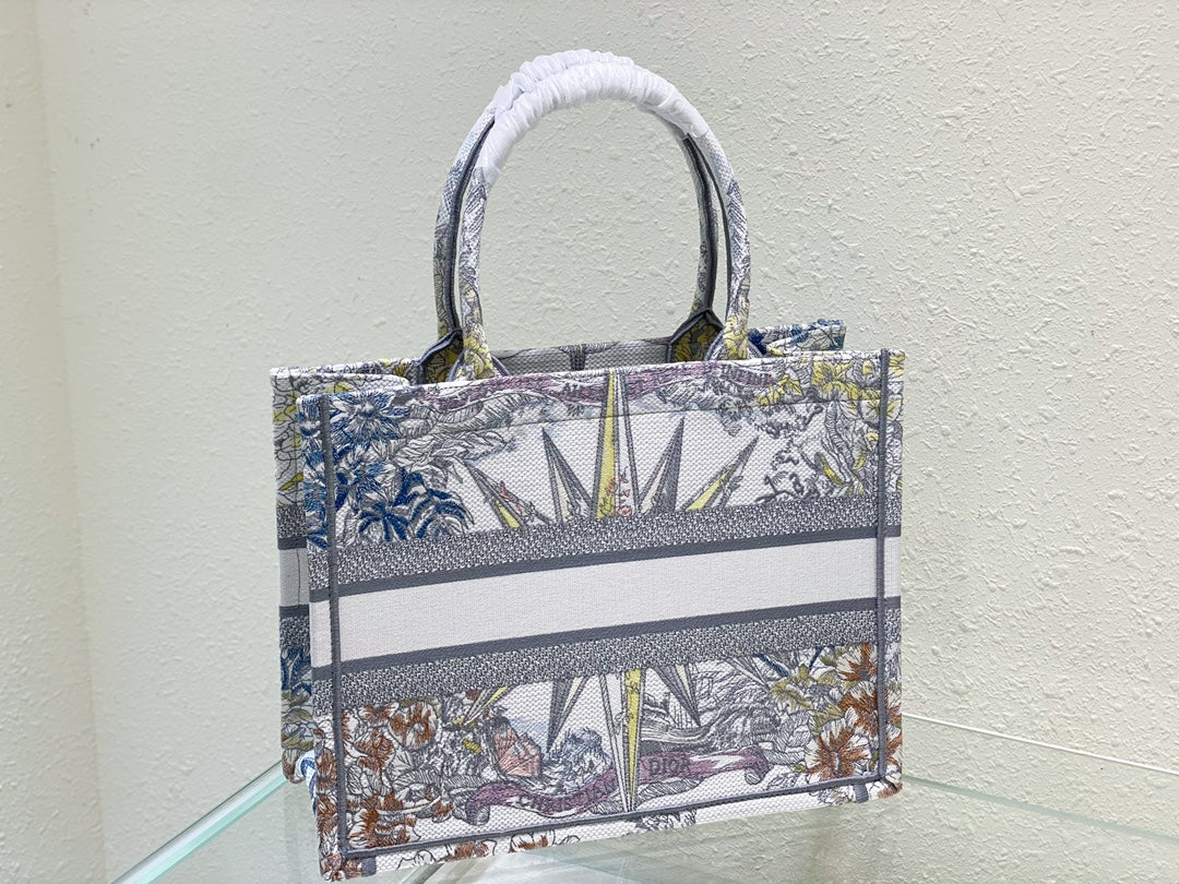 Dior Vintage Floral and Star Embroidered Canvas Top Handle Tote Bag