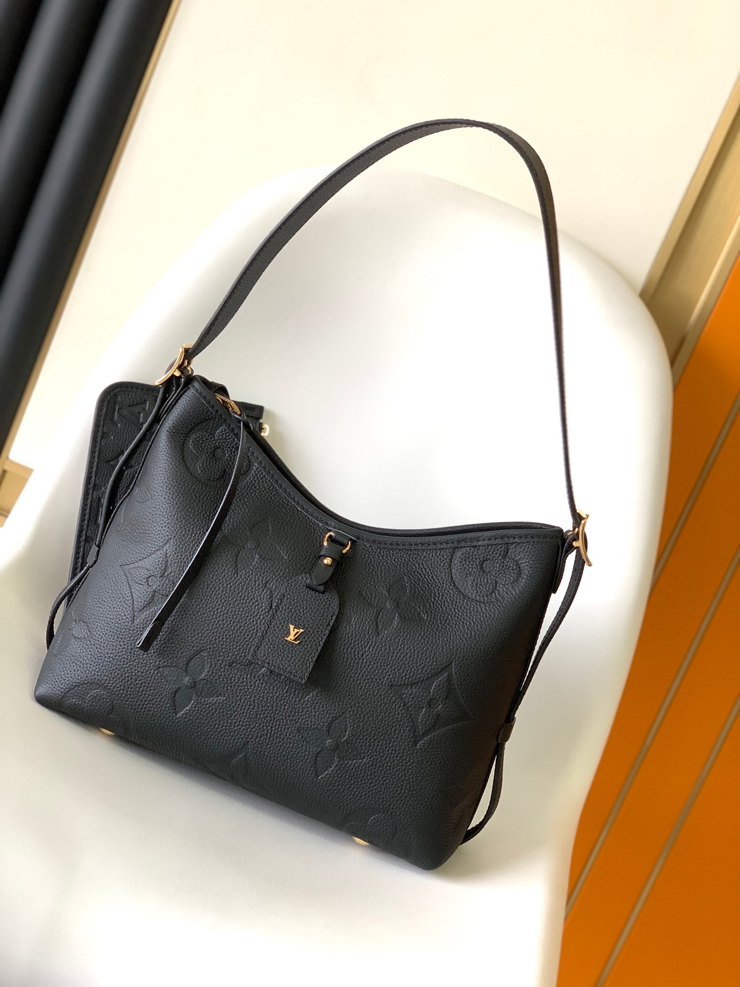 Louis Vuitton Black Embossed Shoulder Bag Textured Leather Hobo Purse