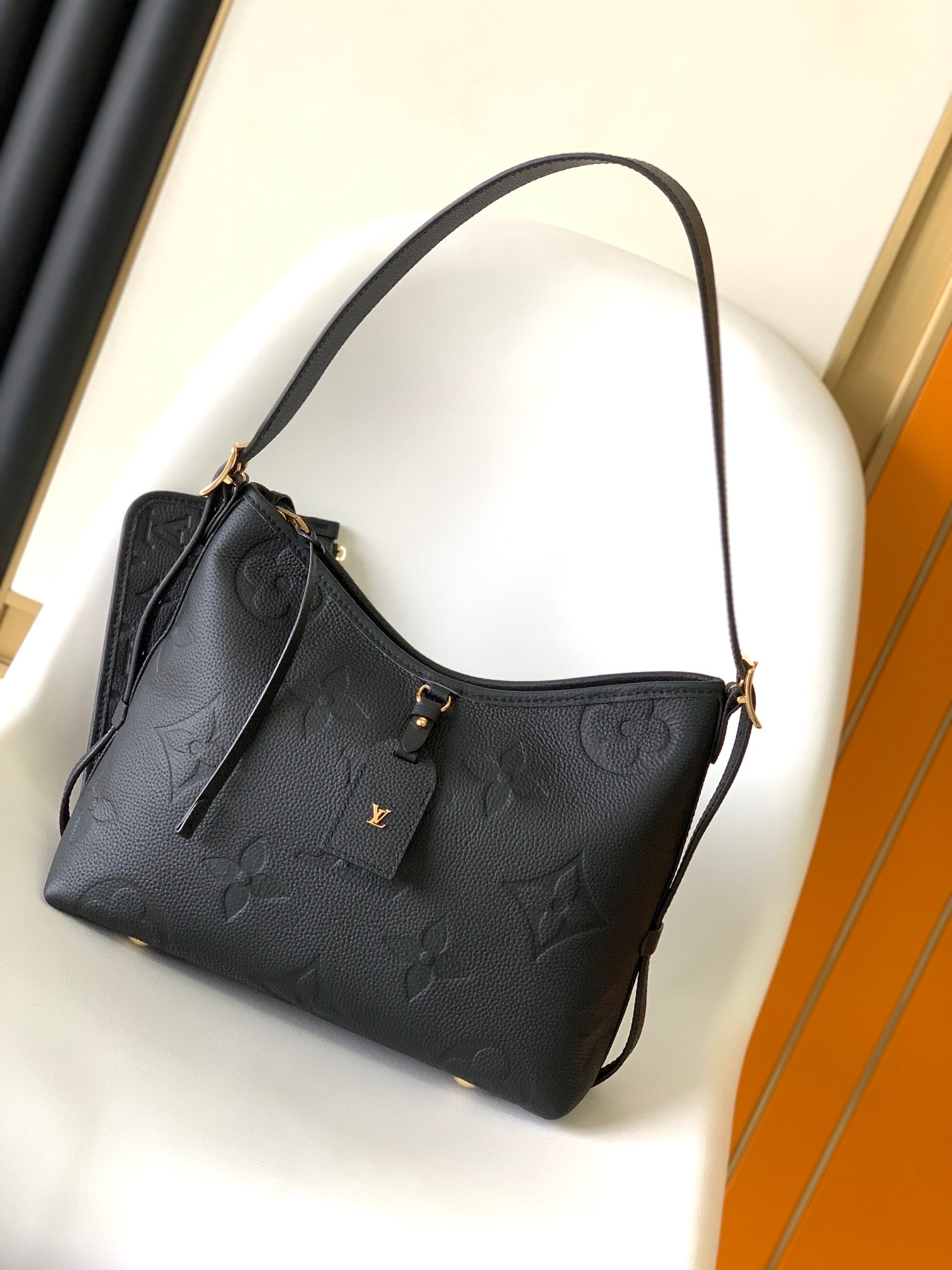 Louis Vuitton Black Embossed Shoulder Bag Textured Leather Hobo Purse