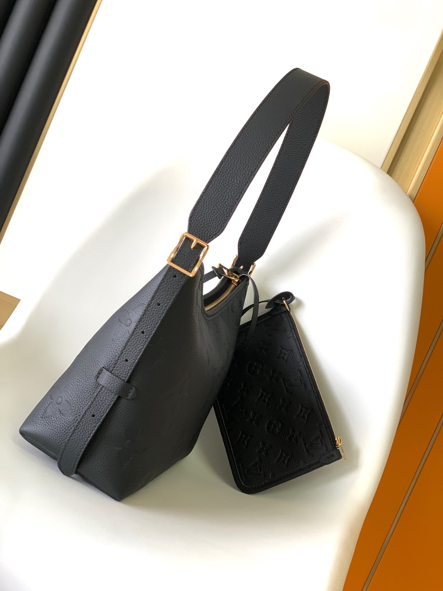 Louis Vuitton Black Embossed Shoulder Bag Textured Leather Hobo Purse