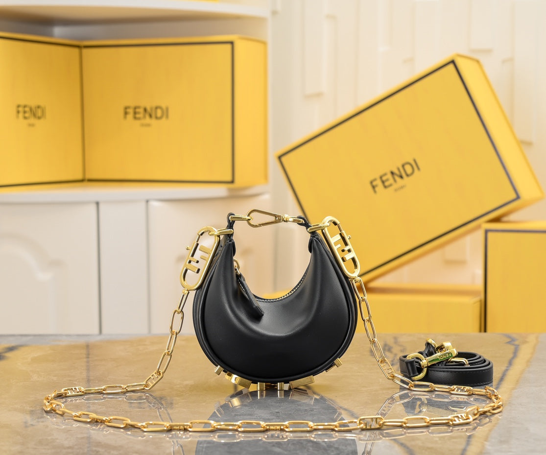 Fendi Fendigraphy Mini Black Leather Crescent Bag with Gold Hardware