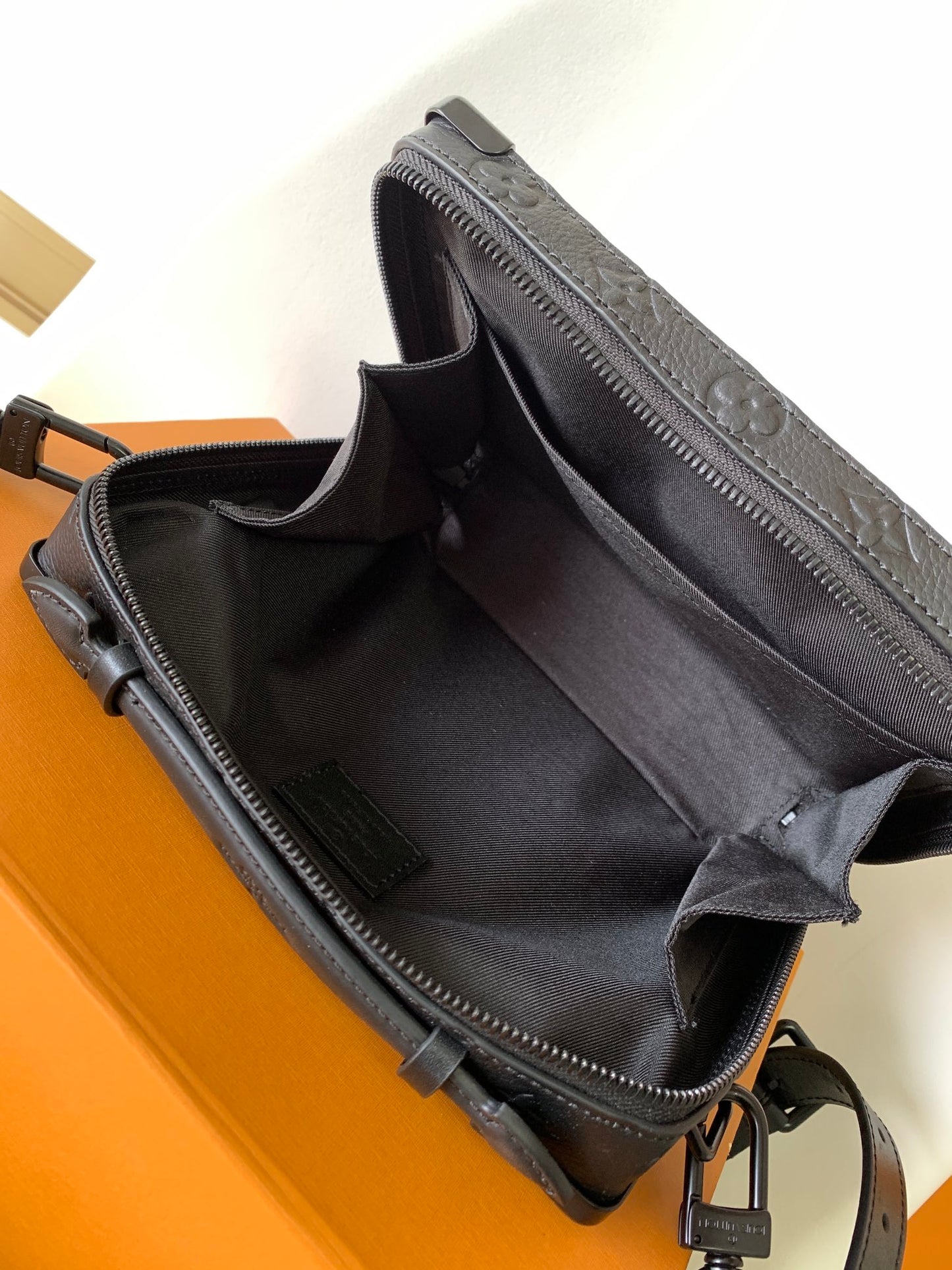 Louis Vuitton Luxury Matte Black Monogram Embossed Trunk Crossbody Bag