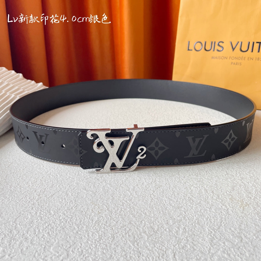 Louis Vuitton LV Monogram Eclipse 40mm Belt with Silver-Tone Initial Buckle, Black/Grey