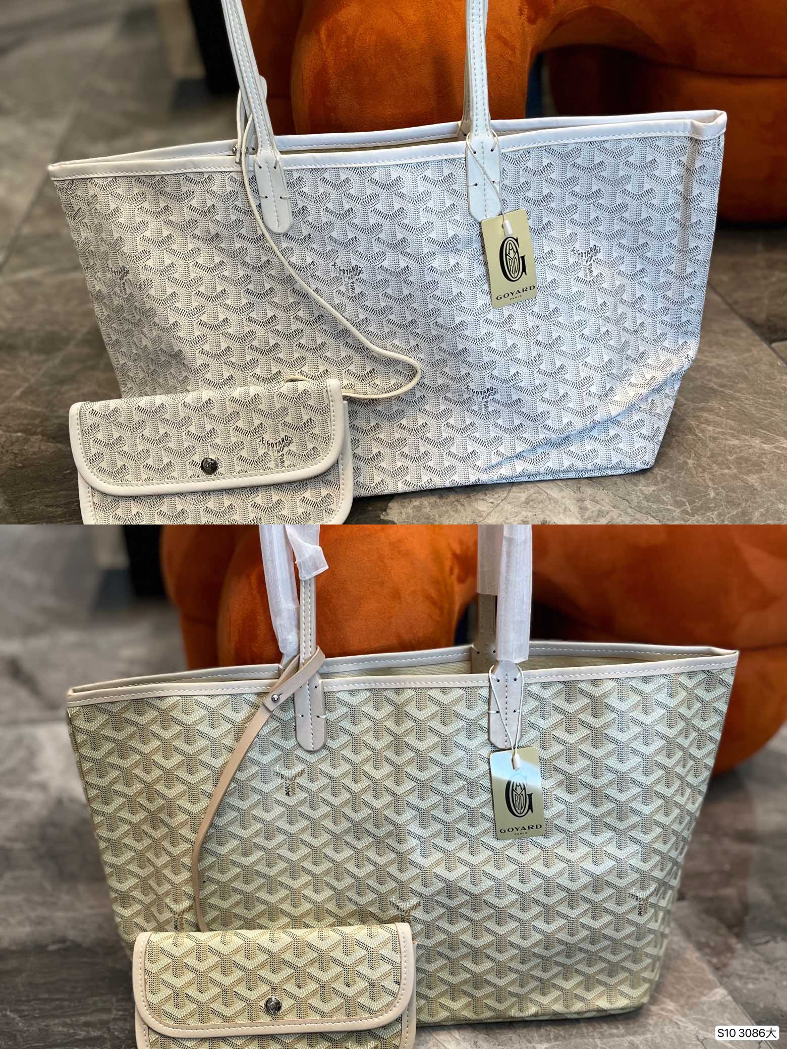 Gogy Classic Chevron Print Tote Bag with Matching Pouch and Leather Trim