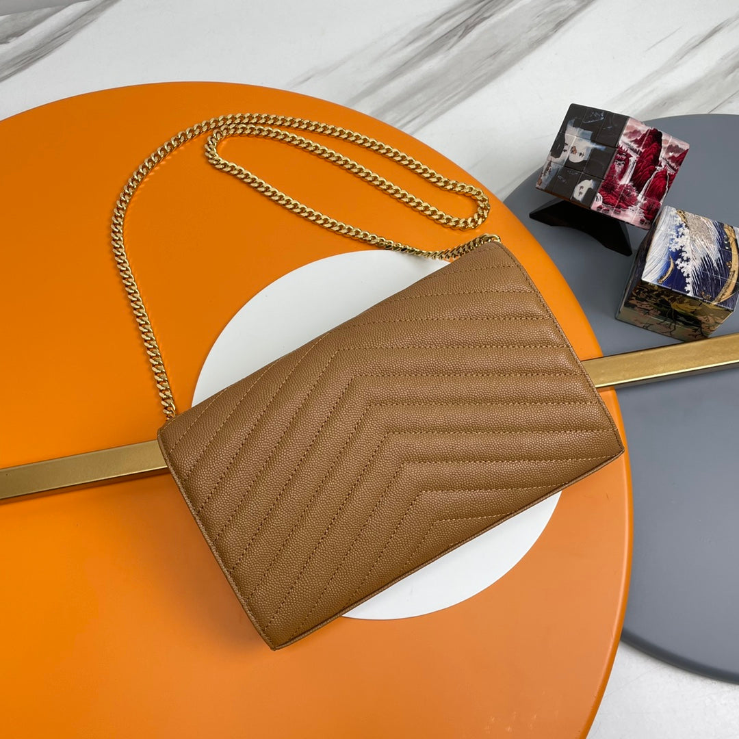 Saint Laurent Cassandre Envelope Chain Wallet in Tan Quilted Grain de Poudre Leather