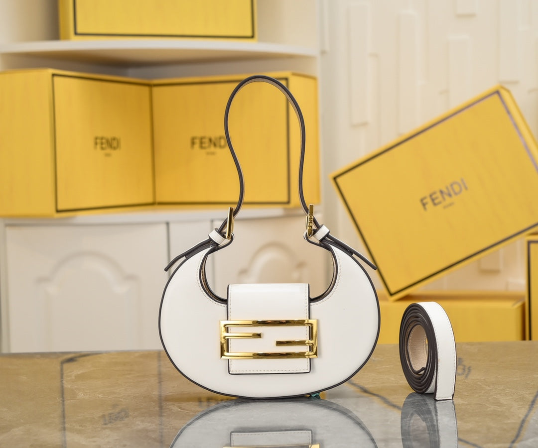 Fendi O'Lock Swing Bag in White Leather with Gold-Tone FF Logo